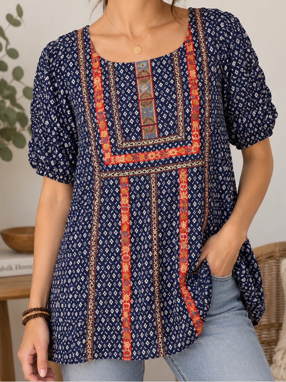 Akemi + Kin Anthropologie Sev Embroidered Boho Tunic Top Navy Size S